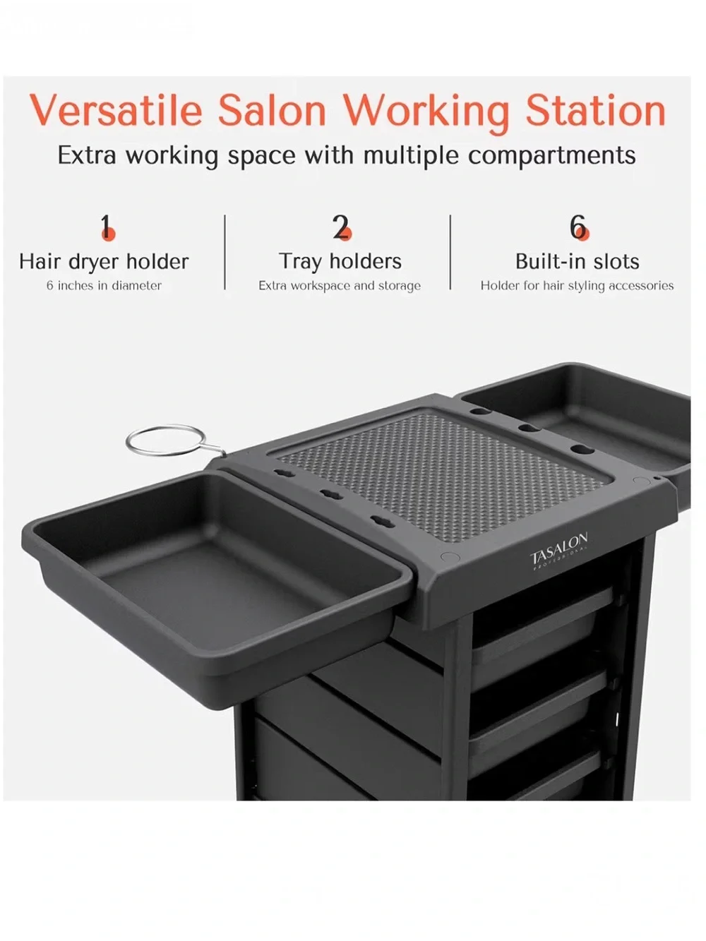 Tasalon Black Rolling Storage Salon💇‍♀️Cart with Removable Trays